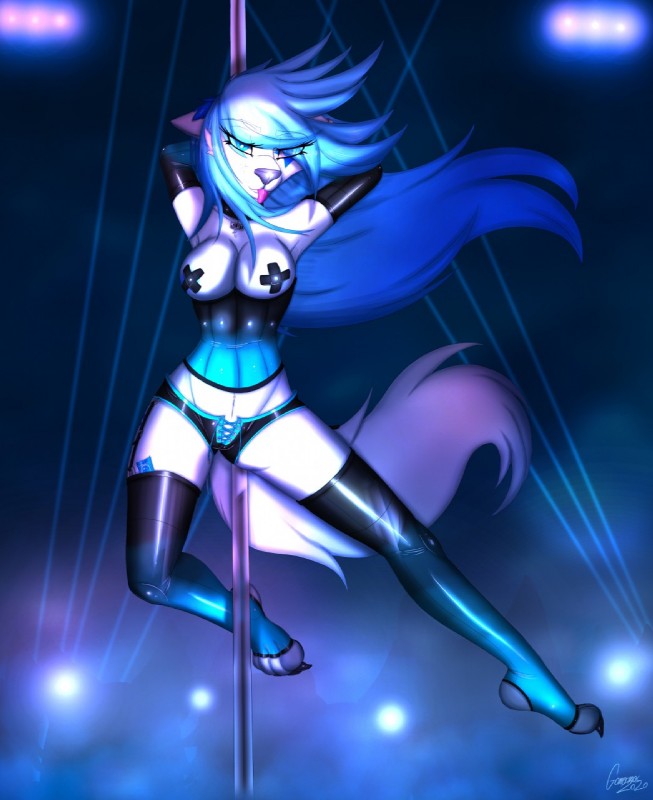 anthro blue_hair breasts clothing corset female hair latex lingerie panties pasties pole solo stripper_pole tight_clothing topwear underwear gamermac raechel_jagger canid canine fox mammal hi_res