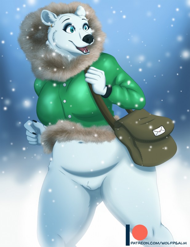 bottomless clothed clothing ear_piercing ear_ring featureless_crotch female fur mailbag outside piercing ring_piercing smile snow solo text white_body white_fur wolfpsalm super_fuck_friends evelyn_(sff) bear mammal polar_bear ursine 2019 digital_media_(artwork) hi_res url trans_(lore) trans_woman_(lore)