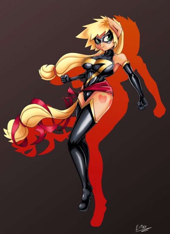 anthro anthrofied big_breasts blonde_hair breasts clothing cutie_mark female freckles glistening gloves gradient_background green_eyes hair handwear hanging_breasts latex legwear long_hair mask orange_body pose simple_background smile smirk solo superhero tight_clothing europamaxima friendship_is_magic hasbro marvel my_little_pony applejack_(mlp) ms._marvel earth_pony equid equine horse mammal pony 2013 absurd_res crossover hi_res