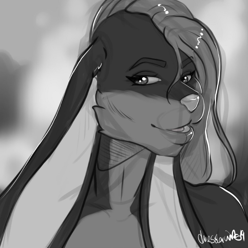 anthro female fur hair long_ears long_hair open_mouth solo thesolarwinds vanessa_morrison_(vamoos) lagomorph leporid mammal rabbit 1:1 2019 digital_media_(artwork) greyscale hi_res monochrome sketch