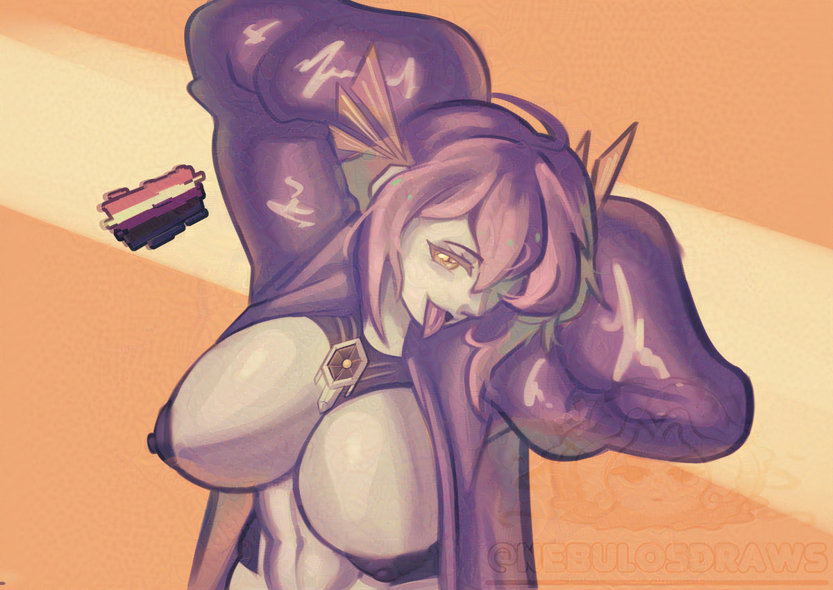 ahoge areola bedroom_eyes big_breasts breasts clothed clothing ear_fins facial_markings female fin genderfluid_pride_colors glitch grey_body hair hands_behind_head head_markings high-angle_view hologram_ears hoodie huge_breasts lgbt_pride long_hair looking_at_viewer machine markings metallic_body midriff narrowed_eyes navel nipples not_furry open_clothing open_hoodie open_topwear partially_clothed pride_colors purple_areola purple_clothing purple_hair purple_hoodie purple_nipples purple_tongue purple_topwear seductive shutter_iris simple_background solo tongue tongue_out topwear yellow_eyes nebulosdraws vtuber faris_v5 android humanoid robot hi_res