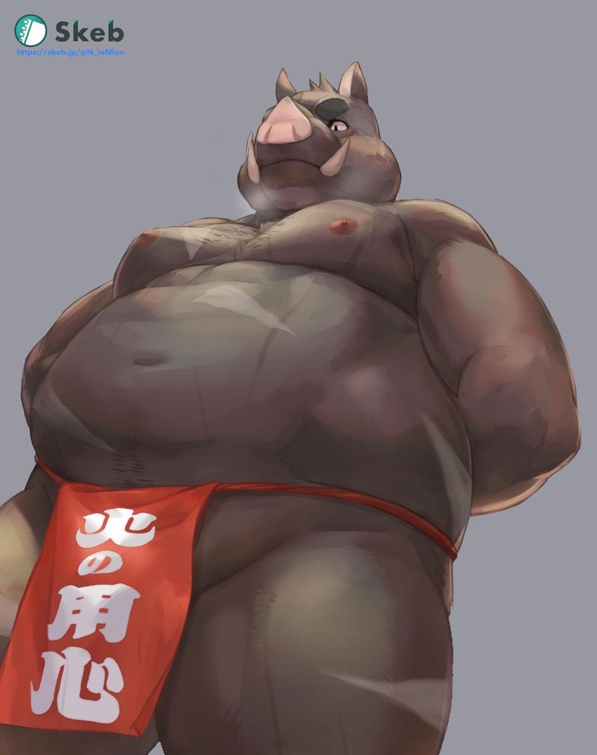 anthro asian_clothing belly clothing east_asian_clothing fundoshi japanese_clothing kemono male moobs navel nipples overweight overweight_male red_clothing red_fundoshi red_underwear scar simple_background solo text underwear nion mammal suid suine sus_(pig) wild_boar 2021 hi_res japanese_text