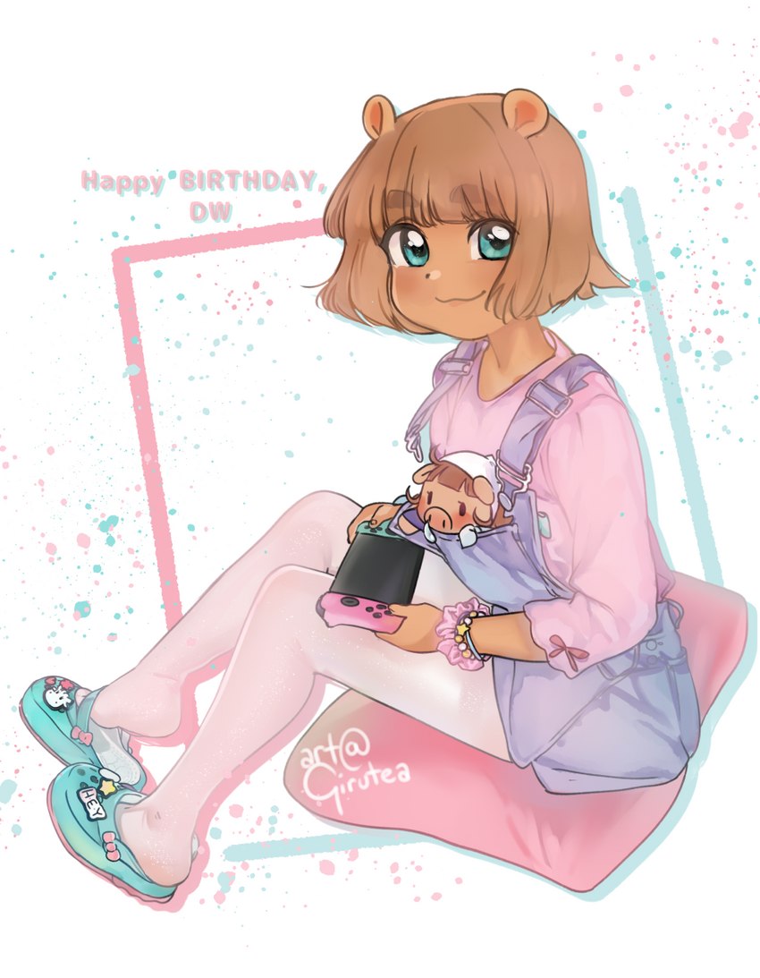 anime_style anthro bangs blue_clothing blue_eyes blue_footwear blunt_bangs brown_hair clothed clothing controller female footwear fully_clothed game_controller hair holding_controller holding_game_controller holding_object legwear looking_at_viewer loose_footwear mouth_closed overalls pantyhose pillow pink_clothing pink_legwear pink_pantyhose pink_shirt pink_topwear shirt shoe_dangle short_hair simple_background sitting sitting_on_pillow smile solo tan_body text topwear white_background young young_anthro girutea arthur_(series) crocs nintendo nintendo_switch d.w._read aardvark mammal artist_name english_text hi_res