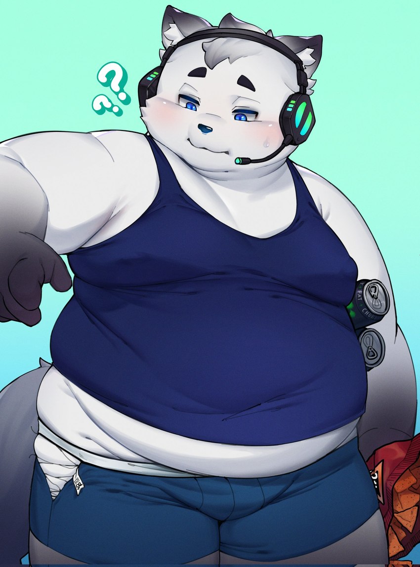 anthro belly beverage beverage_can big_belly blue_clothing blue_eyes blush bodily_fluids boxers_(clothing) bulge chips_(food) chubby_cheeks clothing clothing_tag crotch_lines double_chin electronics energy_drink fat_arms food fur gradient_fur grey_body grey_fur headgear headphones headset holding_food holding_object humanoid_hands inner_ear_fluff kemono male microphone moobs navel_outline nipple_outline obese obese_anthro obese_male overweight overweight_anthro overweight_male question_mark shirt simple_background snack solo squish standing sweat tail tearing_underwear thick_thighs tight_clothing topwear torn_clothing torn_underwear tuft undershirt underwear wardrobe_malfunction weight_gain white_body white_fur tober_4 doritos frito-lay monster_energy mammal 2023 hi_res shaded soft_shading