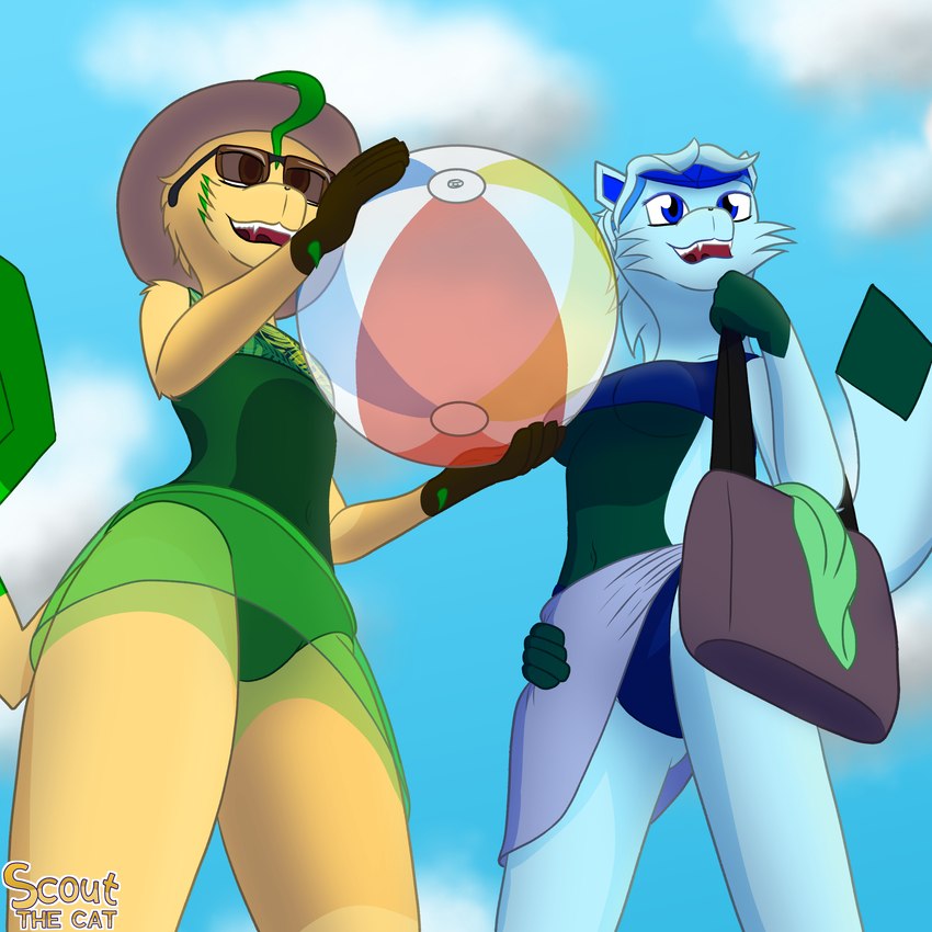 anthro bag ball beach_ball big_breasts bikini blue_body blue_clothing blue_eyes blue_fur bottomwear breasts brown_eyes clothed clothing duo eyewear female fur green_body green_clothing green_fur hair hat headgear headwear inflatable low-angle_view one-piece_swimsuit pattern_clothing skirt sky_background smile sun_hat sunglasses swimwear tan_body tan_fur thick_thighs towel towel_wrap two-piece_swimsuit under_boob upskirt scoutthecat02 nintendo pokemon lisa_devellis marissa_reinhart eeveelution generation_4_pokemon glaceon leafeon pokemon_(species) 1:1 absurd_res hi_res