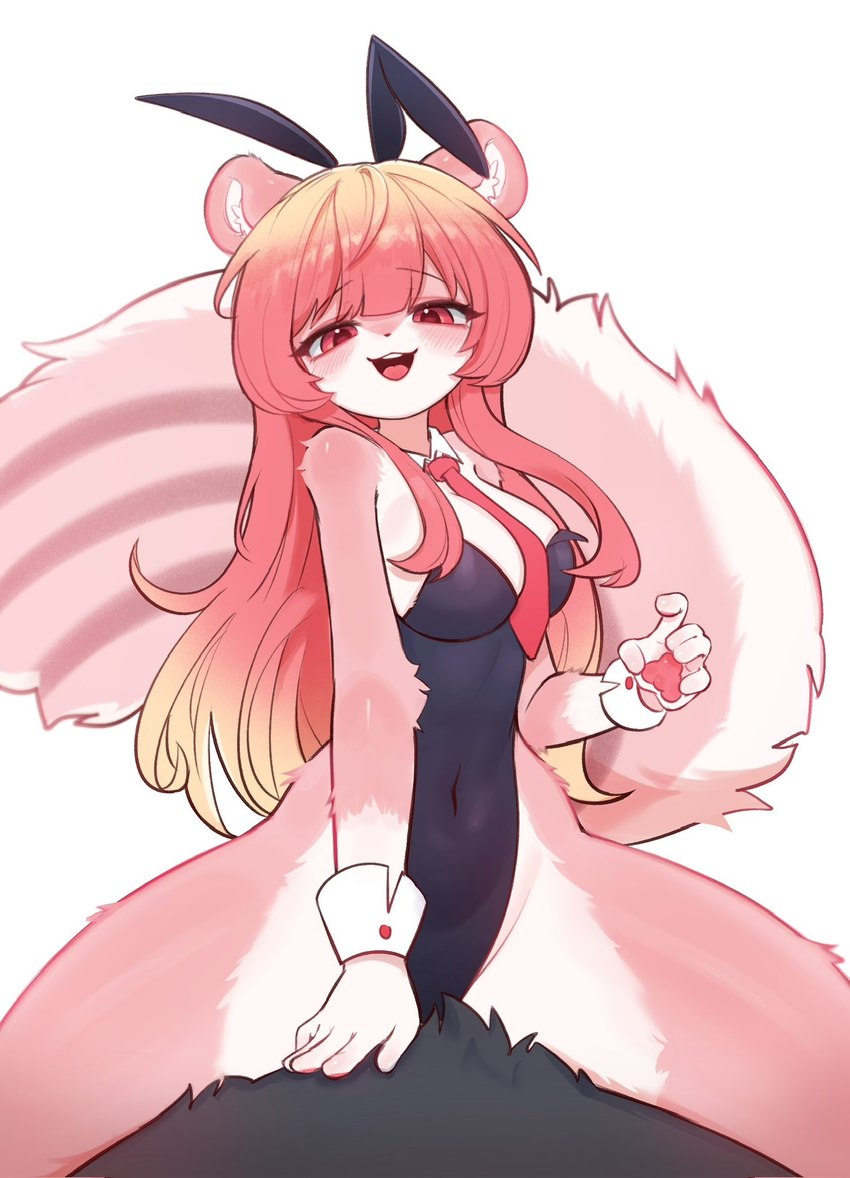 5_fingers anthro blush blush_lines breasts buckteeth bunny_costume cleavage clothed clothing costume duo fake_ears fake_rabbit_ears female female_anthro female_focus female_on_top fingers fur hair half-closed_eyes kemono leotard long_hair looking_at_viewer narrowed_eyes navel_outline necktie on_top open_mouth pawpads shirt_cuffs solo_focus straddling tail teeth tongue acorn_furry mammal rodent sciurid tree_squirrel 2025 digital_media_(artwork) hi_res portrait three-quarter_portrait