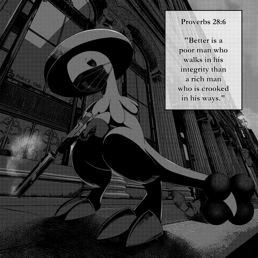 ambiguous_gender anthro assassin bible_verse biped clothing corpse death duo face_mask footwear fungus goes_hard gun half-closed_eyes handgun hero holding_gun holding_object holding_ranged_weapon holding_weapon low-angle_view lying male mask medical_instrument mushroom narrowed_eyes on_back outside parking_meter pistol public quote ranged_weapon scientific_instrument shadow shoes silencer smoke smoking_gun standing street_lamp surgical_mask tail text weapon wearing_mask obi3_tmb killing_of_brian_thompson nintendo pokemon luigi_mangione's_fursona breloom generation_3_pokemon human mammal pokemon_(species) 1:1 2024 artist_name black_and_white digital_drawing_(artwork) digital_media_(artwork) english_text halftone monochrome