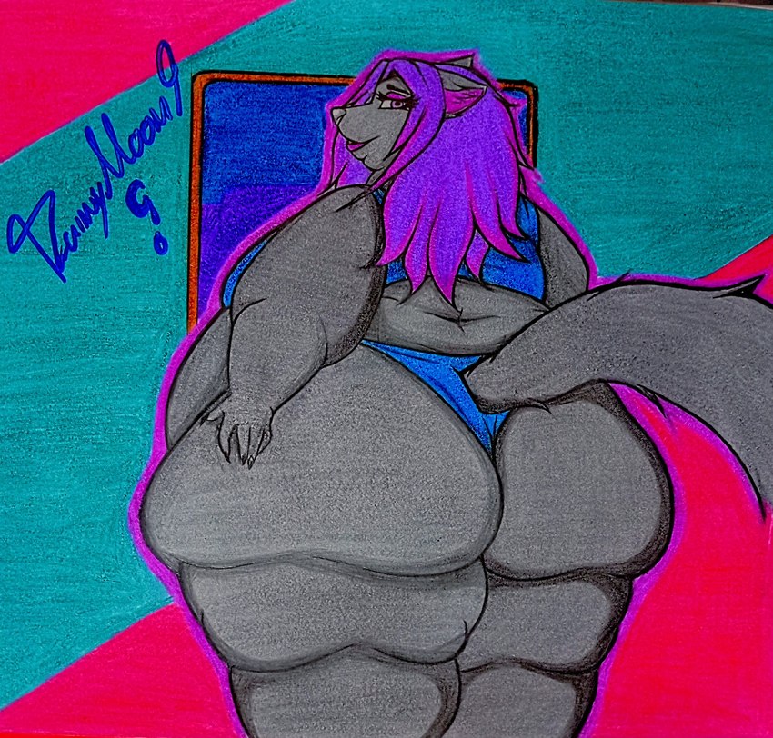 anthro bedroom_eyes belly big_belly big_butt butt butt_focus clothed clothing double_chin fat_arms fat_rolls female looking_at_viewer narrowed_eyes obese obese_anthro obese_female overweight overweight_anthro overweight_female rear_view seducing_viewer seductive skimpy smile solo tail thick_thighs tight_clothing wide_hips rainymoon9 roxy_(rainymoon9) canid canine canis mammal wolf hi_res story story_in_description traditional_media_(artwork)