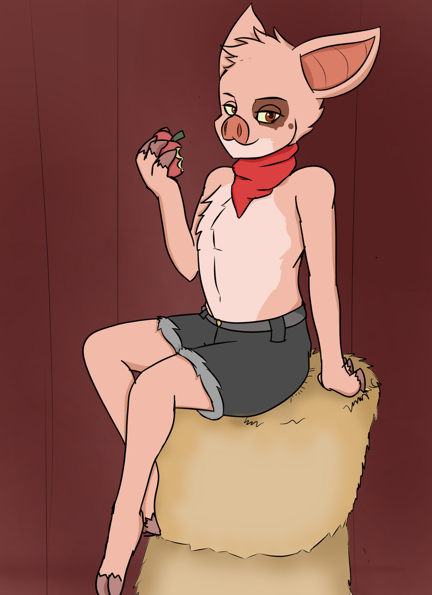 anthro apple bottomwear clothing denim denim_bottomwear denim_clothing denim_shorts eating food fruit hay hay_bale kerchief male neckerchief neckwear plant shorts sitting solo young qunteki duncan_(kabscorner) domestic_pig mammal suid suina sus_(pig) hi_res