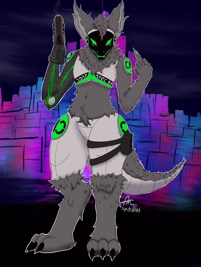 4_eyes anthro armor biped black_hand black_hands body_hair breastplate c.a.m. chest_fur chest_hair chest_tuft city city_background claws cybernetic_arm cybernetic_hand cybernetic_limb cybernetics digitigrade fangs feet fingers fluffy fluffy_ears fluffy_hair fluffy_neck_fur fluffy_tail fur gesture glowing glowing_body glowing_eyes green_body green_eyes grey_body grey_fur grey_hair gun gun_holster hair hand_gesture handgun looking_at_viewer machine male metal metallic_body middle_finger military multi_eye neck_tuft prosthetic prosthetic_arm prosthetic_hand prosthetic_limb protogen_armor protogen_face protogen_visor protogenized ranged_weapon revolver robotic robotic_arm robotic_hand robotic_limb screen screen_face simple_background smile soldier solo special_forces tail tail_tuft teeth toes tuft warrior weapon amislost yuri_chacal canid canine canis jackal mammal protogen 2023 3:4 artist_name colored dated digital_drawing_(artwork) digital_media_(artwork) hi_res shaded signature