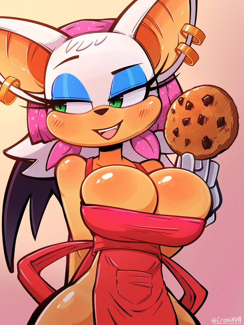 anthro apron apron_only blush breasts cleavage clothed clothing cookie cosplay crossover_cosplay ear_piercing ear_ring eyeshadow female food fur gloves handwear makeup narrowed_eyes open_mouth open_smile piercing ring_piercing simple_background smile solo tan_body tan_skin white_body white_fur wings crossxvii cooking_mama sega sonic_the_hedgehog_(series) rouge_the_bat bat mammal 2024 3:4 absurd_res crossover digital_media_(artwork) hi_res signature