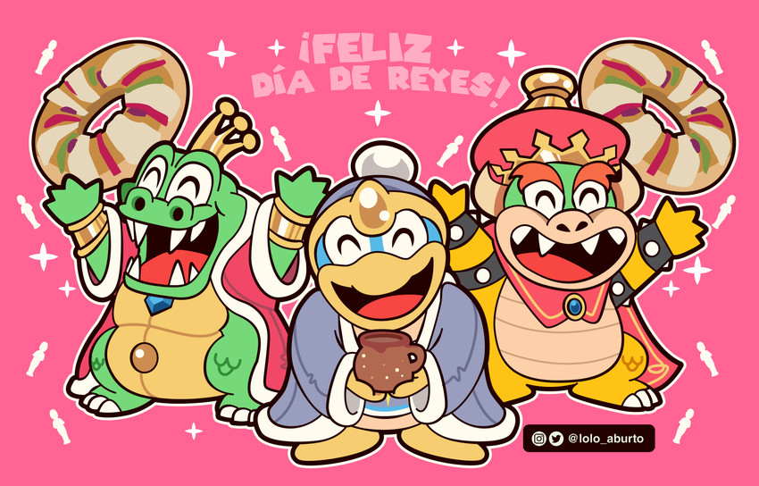 anthro crown eyes_closed food green_body group headgear overweight simple_background text lolo_aburto donkey_kong_(series) kirby_(series) mario_bros nintendo bowser king_dedede king_k._rool avian bird koopa kremling penguin scalie 2021 absurd_res hi_res spanish_text translated