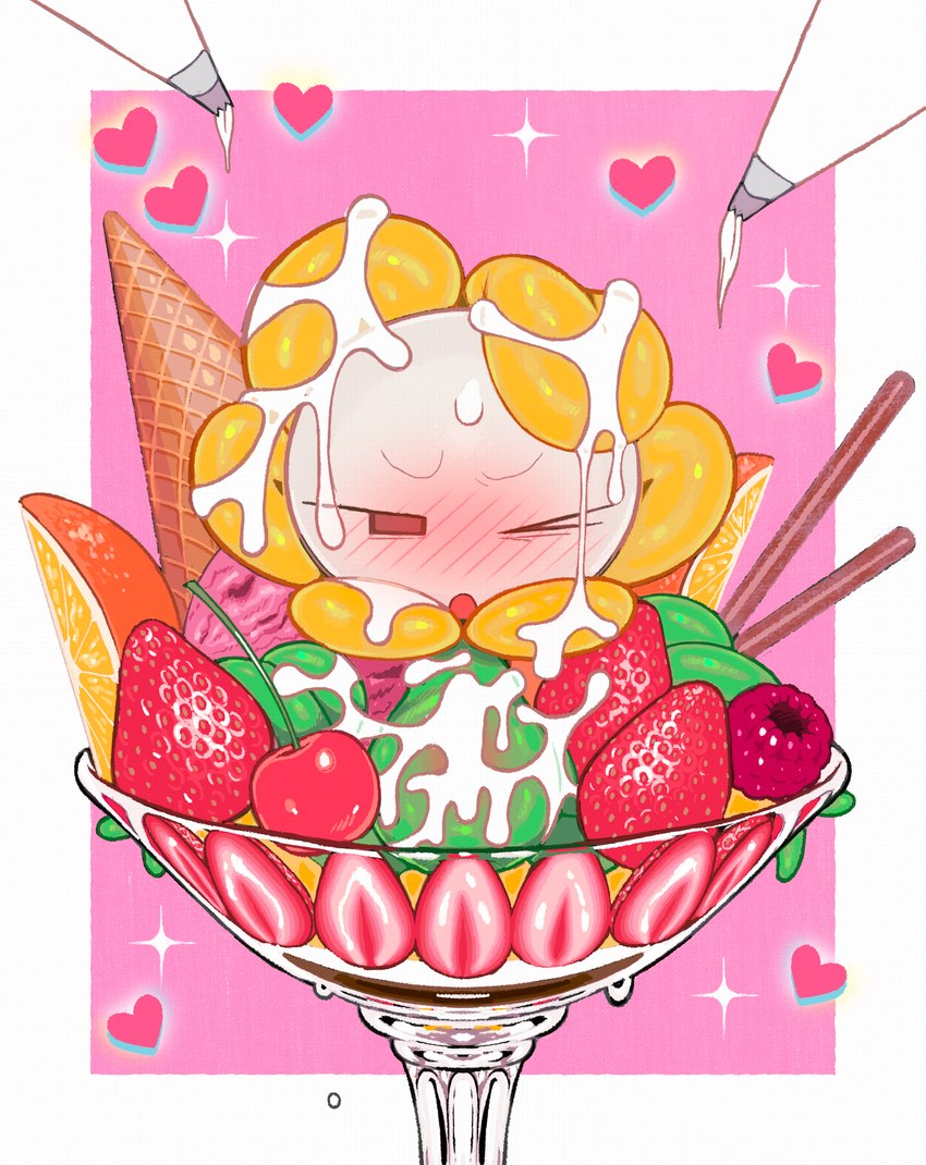 blush blush_lines blushing_profusely border candy cherry chocolate dairy_products dessert flower food fruit green_body heart_symbol ice_cream ice_cream_cone looking_pleasured male not_furry one_eye_closed one_eye_half-closed open_mouth pink_background pink_heart plant raspberry red_blush simple_background solo sparkles strawberry strawberry_ice_cream tangerine_(fruit) vines whipped_cream white_border white_head yellow_petals retsuzyohana undertale undertale_(series) flowey_the_flower elemental_creature flora_fauna flower_creature 2024 absurd_res digital_drawing_(artwork) digital_media_(artwork) hi_res shaded