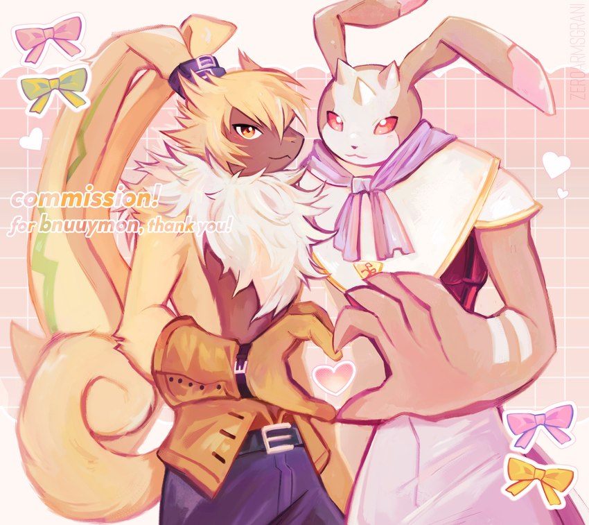 anthro brown_body brown_fur clothing duo fur gesture gloves handwear heart_gesture heart_symbol long_ears male ponytail_ears shirtless small_waist yellow_body yellow_fur zeroarmsgrani bandai_namco digimon antylamon digimon_(species) lagomorph leporid mammal rabbit symbareangoramon absurd_res hi_res