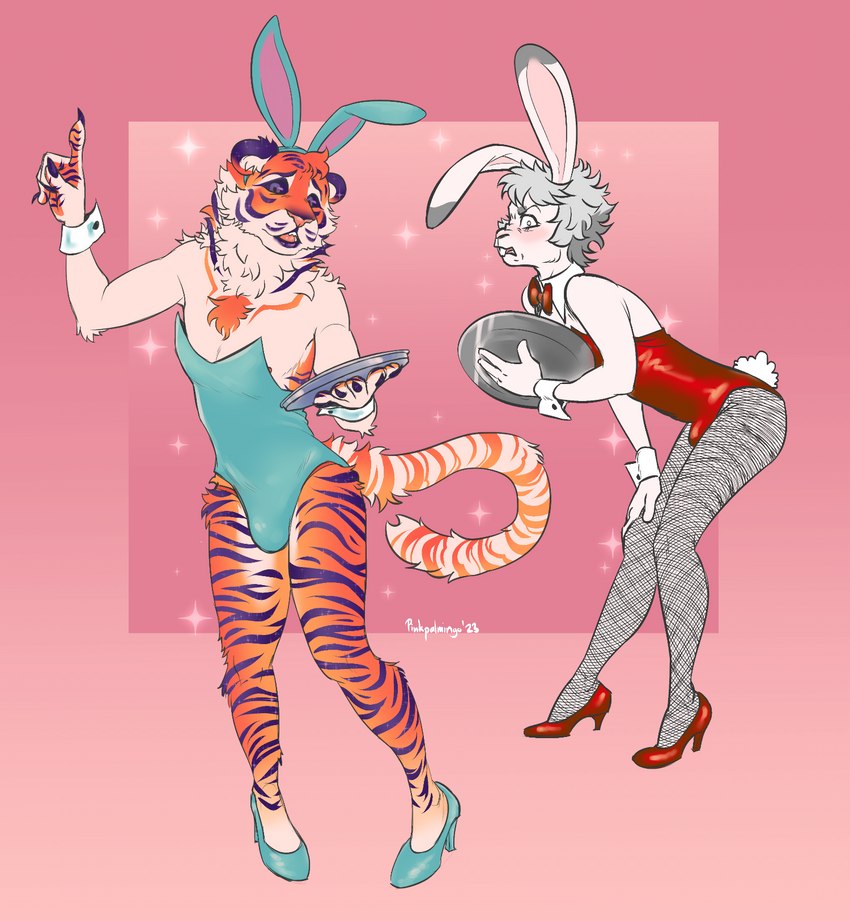 anthro clothing duo embarrassed femboy fishnet_clothing fishnet_leggings fishnet_legwear footwear high_heels leggings legwear male male/male playboy_outfit serving shoes sparkles pinkpalmingo felid lagomorph leporid mammal pantherine rabbit tiger hi_res