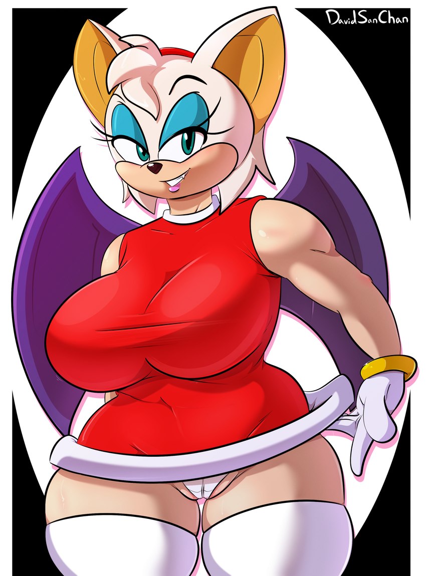 anthro bat_wings big_breasts big_wings black_eyebrows black_nose blue_eyes blue_eyeshadow breasts camel_toe clothing cosplay countershading dress eyebrows eyelashes eyeshadow female fur glistening glistening_eyes gloves gold_ear_ring grin hair handwear head_tuft legwear lips makeup membrane_(anatomy) membranous_wings panties pink_lips pupils purple_wings red_clothing red_dress smile solo tan_body tan_countershading tan_inner_ear tan_skin thick_bottom_lip thigh_highs tuft underwear white_body white_clothing white_ears white_fur white_gloves white_hair white_handwear white_legwear white_panties white_thigh_highs white_underwear wings davidsanchan sega sonic_the_hedgehog_(series) rouge_the_bat bat mammal absurd_res artist_name hi_res signature