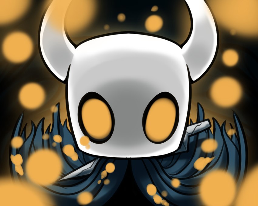 2_horns ambiguous_gender cloak clothing horn looking_at_viewer melee_weapon mouthless nail_(weapon) noseless orange_eyes particles shadow solo sword weapon weapon_on_back white_head sol-lar-bink hollow_knight team_cherry the_knight_(hollow_knight) arthropod infected_(species) vessel_(species) 2019 5:4 digital_media_(artwork)