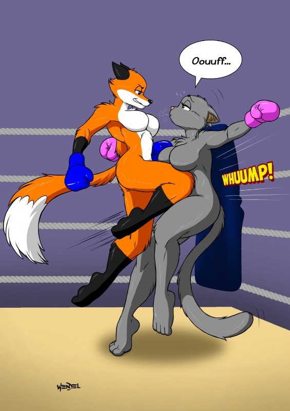 4_toes anthro athletic barefoot belly black_ears black_nose blue_eyes boxing boxing_gloves boxing_gloves_only breasts breath chest_tuft clenched_teeth clothing cornered dipstick_tail dominant dominant_female duo ears_down eye_contact eyebrows eyelashes featureless_breasts feet female female/female fight fighting_ring fur gloves_(marking) green_eyes grey_belly grey_body grey_breasts grey_ears grey_fur grey_tail grin half-closed_eyes handwear handwear_only inner_ear_fluff interspecies kick kickboxing knee_strike leg_markings looking_at_another looking_down looking_up markings mostly_nude motion_lines multicolored_body multicolored_fur multicolored_tail narrowed_eyes orange_body orange_fur orange_tail ouch paws pink_nose pinned pivoted_ears plantigrade smile smirk socks_(marking) sound_effects sport submissive submissive_female surprise tail tail_markings teeth toes tuft two_tone_body two_tone_fur two_tone_tail violence white_belly white_body white_breasts white_fur white_tail wendel_fragoso emily_(10livesleft) ruby_(10livesleft) canid canine domestic_cat felid feline felis fox mammal 2017 hi_res signature