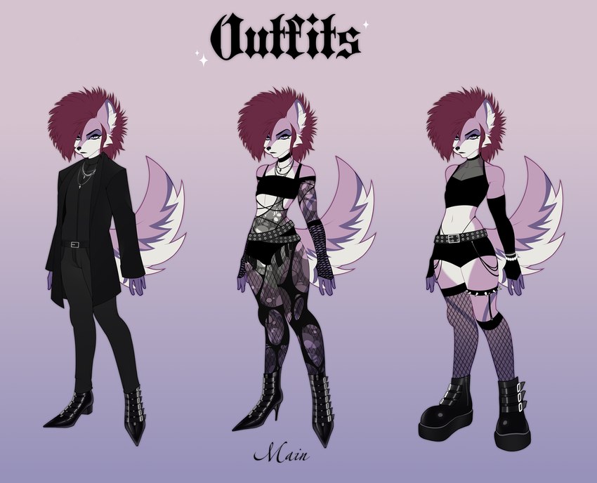 alternative_fashion anthro belt boots bottomwear clothing crop_top deathhawk drag_(fashion) ear_tails eyeliner eyeshadow femboy fishnet_clothing fishnet_legwear footwear glamfur goth high_heeled_boots high_heels hotpants j-fashion legwear makeup male mohawk shirt shoes shorts sideburn_mohawk solo studs tail topwear trad_goth visual_kei tear_monster canid canine fox mammal hi_res