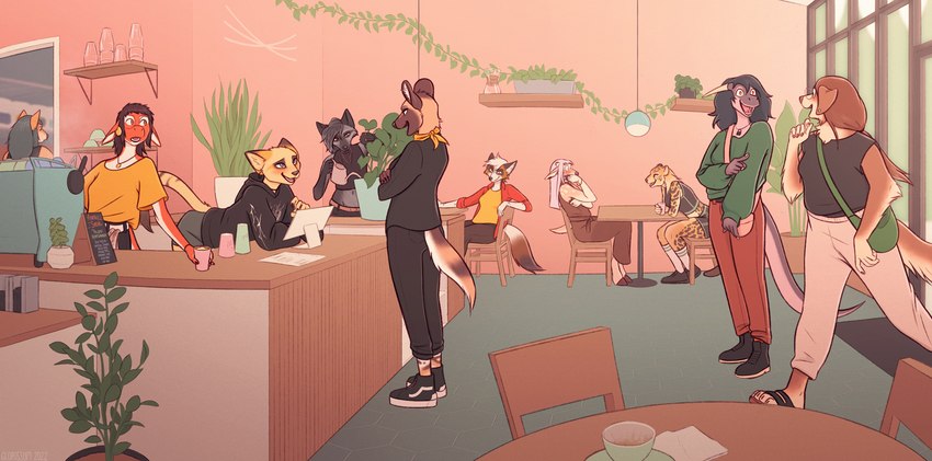 anthro beverage breasts cafe clothed clothing coffee coffee_cup coffee_mug container cup detailed_background espresso_machine female group male plant slice_of_life tail glopossum mythology aster_(glopossum) beruca_(glopossum) casper_(glopossum) chloe_(glopossum) col_(colfox_) constance_(glopossum) elise_(glopossum) junip mae_(maedog_) red_(glopossum) african_wild_dog border_collie canid canine canis cheetah collie cross_fox deer domestic_dog dragon felid feline felis fox herding_dog hybrid mammal mythological_creature mythological_scalie new_world_deer pastoral_dog red_fox reptile sand_cat scalie sheepdog shiba_inu silver_fox spitz true_fox white-tailed_deer 2022 hi_res nonbinary_(lore) trans_(lore) trans_man_(lore) trans_woman_(lore)