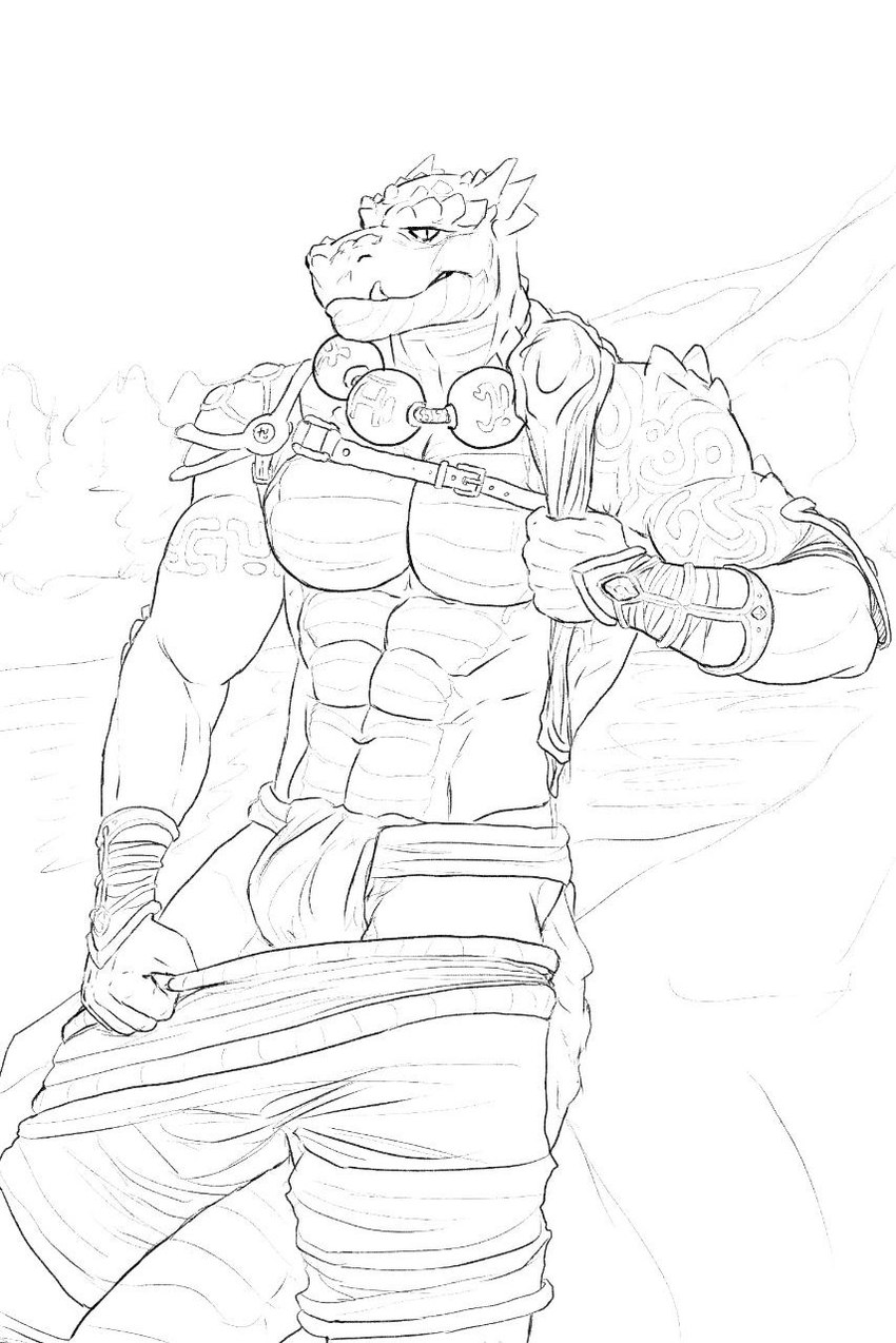 anthro armor bottomwear clothing fantasy loincloth male muscular outside solo simonsbathtub scalie hi_res monochrome sketch story story_in_description