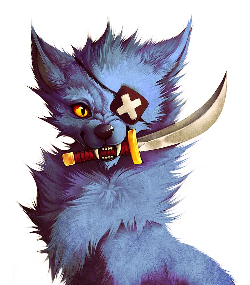 ambiguous_gender black_eye_patch black_eyewear black_nose blue_body blue_fur detailed_fur eye_patch eyewear feral fluffy fur holding_melee_weapon holding_object holding_sword holding_weapon melee_weapon monotone_body monotone_fur mouth_hold multicolored_eye_patch multicolored_eyewear print_eye_patch sharp_teeth simple_background solo sword teeth weapon white_background white_eye_patch white_eyewear x_eye_patch x_symbol yellow_eyes falvie damascus_(falvie) canid canine canis mammal wolf 2011 detailed digital_media_(artwork) digital_painting_(artwork) shaded male_(lore)