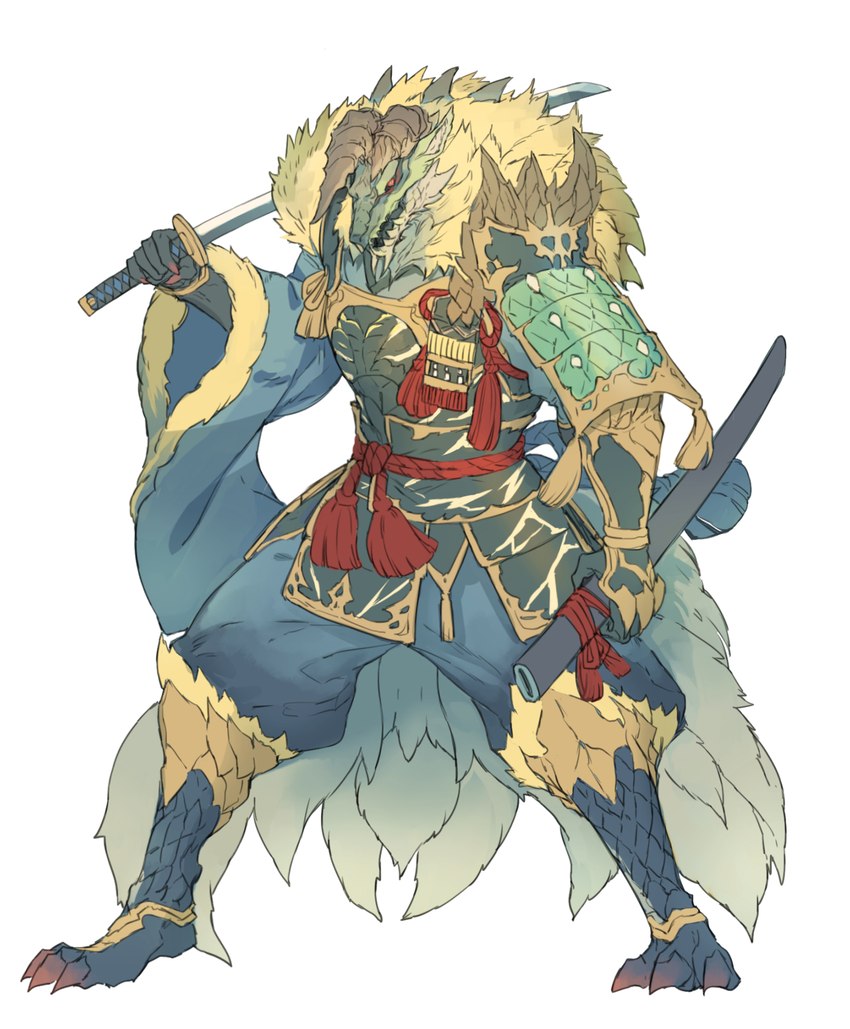 anthro armor barefoot claws clothing feet fur katana male melee_weapon samurai_armor simple_background sode solo sword sword_sheath tuft weapon white_background white_body white_fur 3mohu capcom monster_hunter fanged_wyvern zinogre hi_res