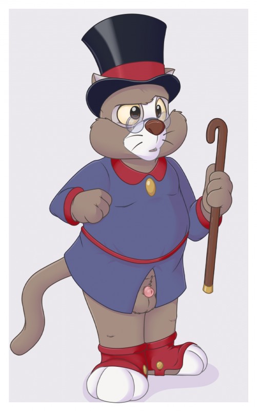 anthro balls border bottomless cane clothed clothing disguise formal genitals male overweight overweight_anthro overweight_male penis simple_background small_penis solo spats standing whiskers white_border neenya disney talespin douglas_benson scrooge_mcduck domestic_cat felid feline felis mammal full-length_portrait hi_res portrait