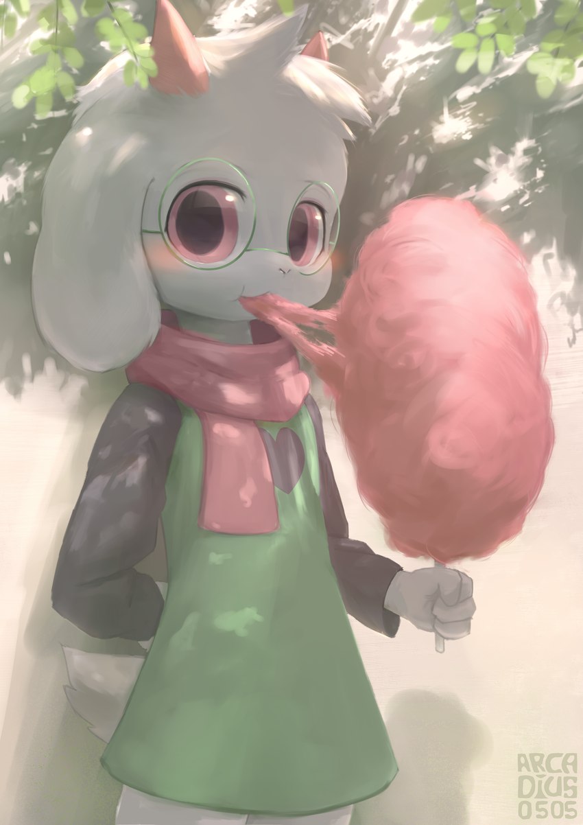 2_horns 4_fingers anthro blush candy clothed clothing cotton_candy dessert eyewear fingers floppy_ears food fur glasses hand_behind_back heart_symbol horn looking_at_viewer male outside pink_eyes pink_horn pink_scarf scarf white_body white_fur arcadius0505 deltarune undertale_(series) ralsei bovid caprine darkner goat mammal 2021 absurd_res hi_res