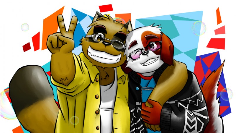 anthro brown_body brown_fur clothed clothing duo eyewear fur glasses hug male one_eye_closed open_clothing open_shirt open_topwear shirt slightly_chubby teeth topwear wink aotoaka morenatsu kounosuke_(morenatsu) canid canine canis domestic_dog mammal raccoon_dog tanuki 16:9 2016 widescreen