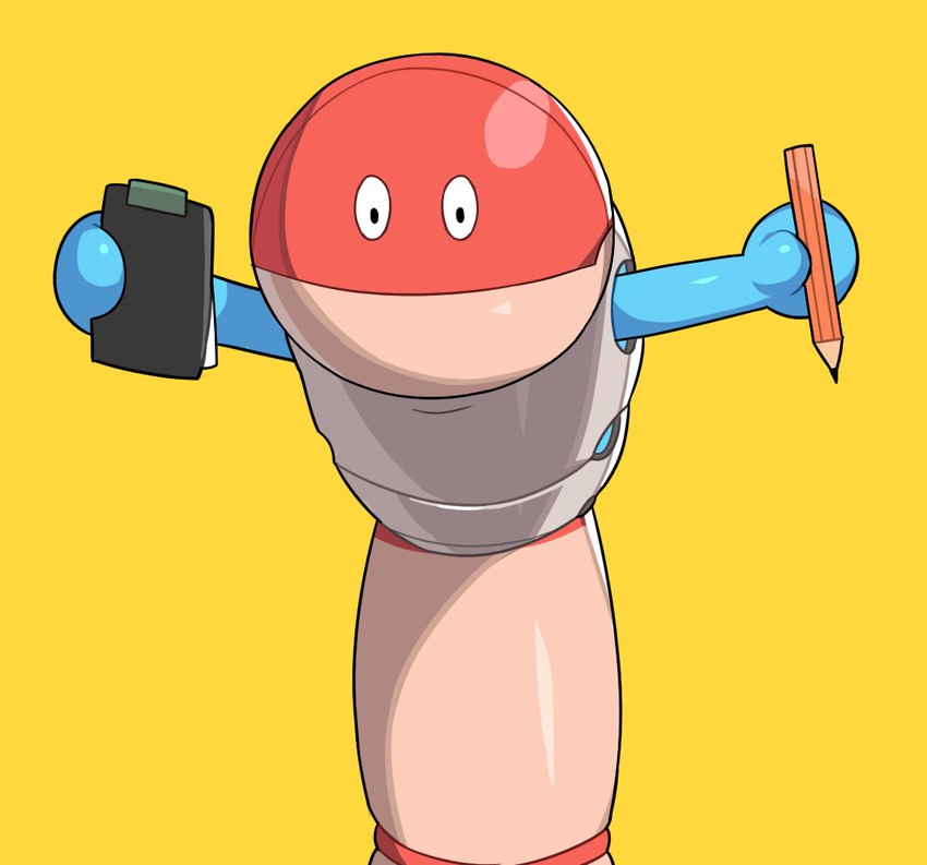 ambiguous_gender black_eyes blue_arms blue_hands fingers holding_object holding_pencil monotone_background multicolored_body pencil_(object) red_body simple_background solo tan_body yellow_background drunk_oak nintendo pokemon generation_9_pokemon orthworm pokemon_(species) 2022