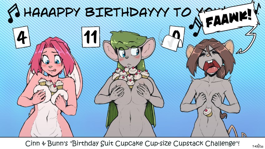 anthro big_breasts blush blush_lines breasts buckteeth covering covering_chest covering_self cupcake dialogue ears_down eyes_closed female flat_chested food front_view fur group hair happy_birthday mouse_tail mouth_closed musical_note musical_symbol navel nude number open_mouth pink_body pink_fur pink_hair pivoted_ears profanity speech_bubble stacking symbol tail teeth text tongue tongue_out trio t-kay fran_cervice katie_tinson sam_rodoric lagomorph leporid mammal mouse murid murine rabbit rodent 2022 english_text half-length_portrait portrait signature