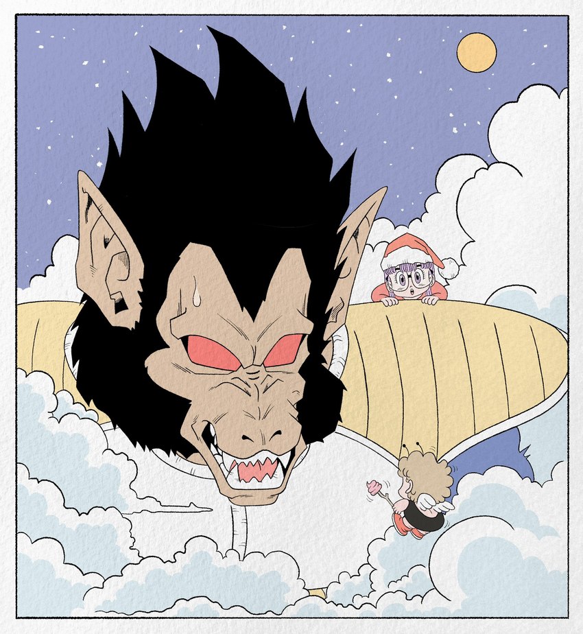 ambiguous_gender antennae_(anatomy) anthro fangs female male moon sky star starry_sky teeth wings young young_ambiguous young_female young_human young_humanoid wesatinthecar dr._slump dragon_ball dragon_ball_z arale_norimaki vegeta angel haplorhine human humanoid mammal monkey oozaru primate saiyan winged_humanoid crossover hi_res