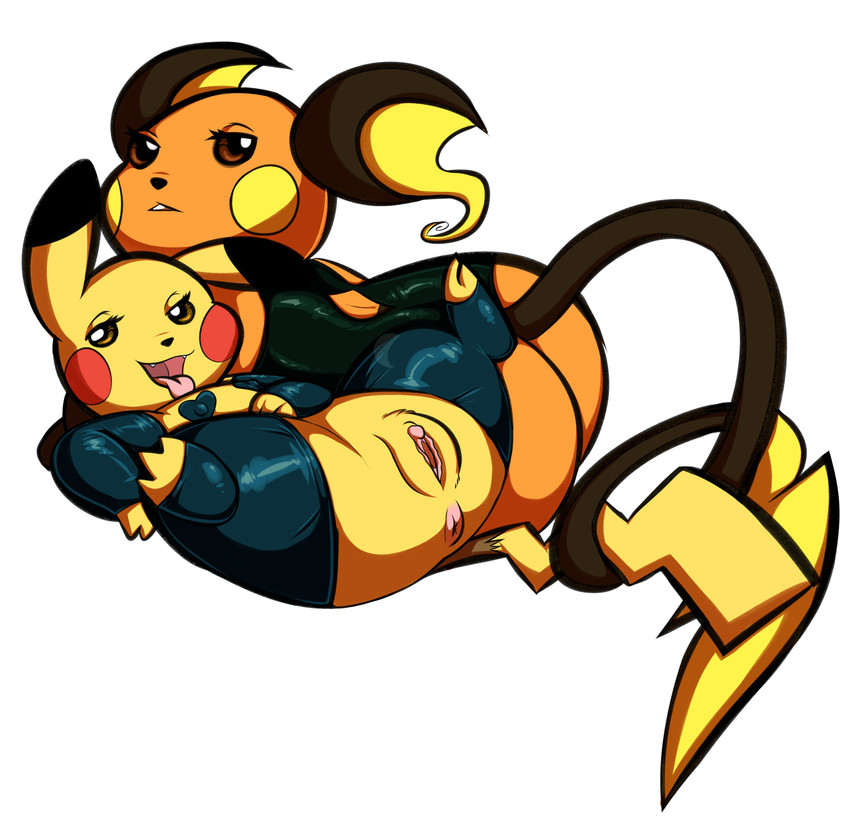 anus butt clothing duo female feral genitals looking_at_viewer looking_back nipples open_mouth presenting presenting_hindquarters presenting_pussy pussy smile spread_legs spreading tongue tongue_out zipzap nintendo pokemon generation_1_pokemon pikachu pokemon_(species) raichu absurd_res hi_res