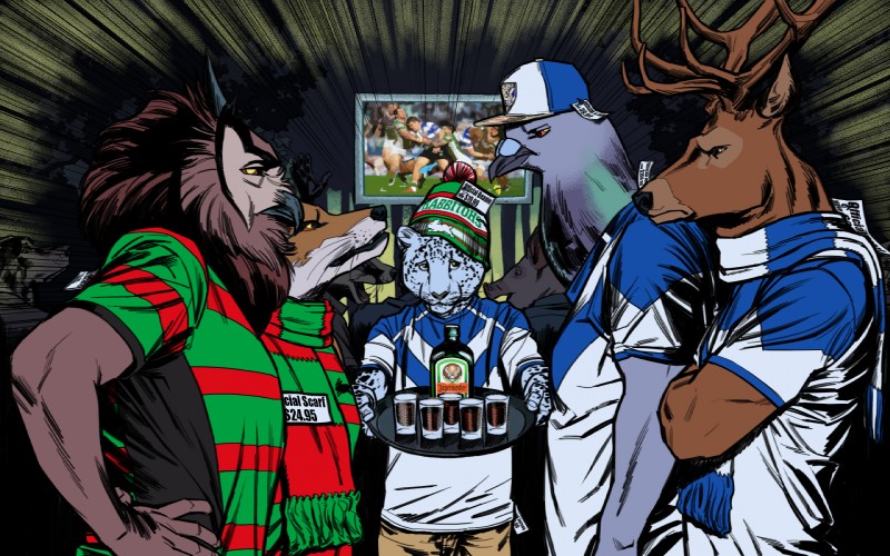 alcohol anthro antlers beak beanie beverage cere_(anatomy) clothed clothing crossed_arms electronics eye_contact glare group hands_on_hips hat headgear headwear horn looking_at_another male price_tag rugby scarf sport standing television whiskey billmund canterbury_bulldogs creatures_of_the_night jägermeister national_rugby_league south_sydney_rabbitohs dodger_(creatures_of_the_night) night_owl_(creatures_of_the_night) snowy_(creatures_of_the_night) the_stag wingman avian bird canid canine columbid deer felid fox leopard mammal owl pantherine pigeon rock_dove snow_leopard 16:10 hi_res widescreen