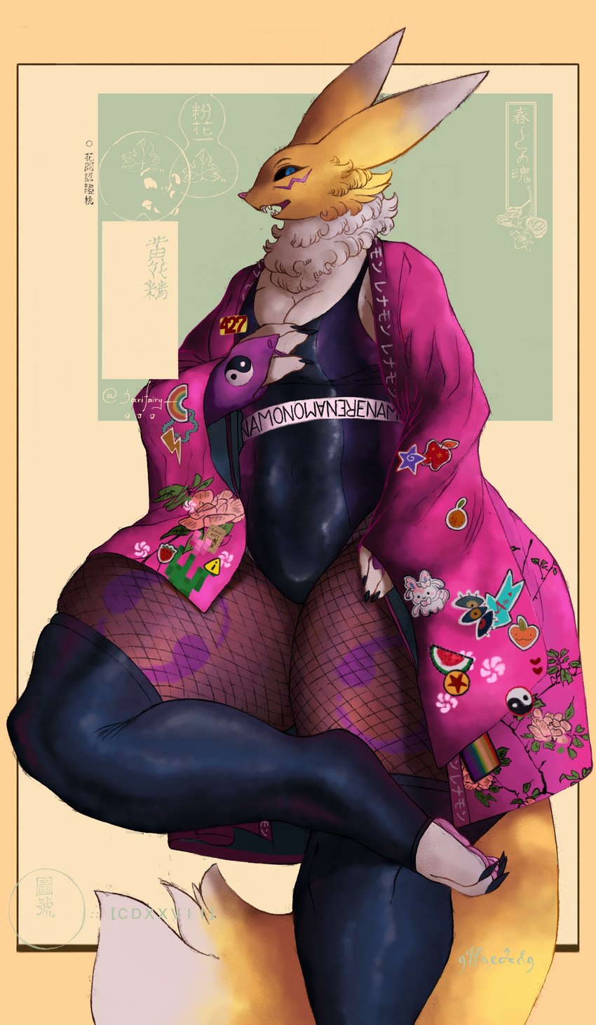 alternative_fashion anthro big_breasts black_sclera blue_eyes bottomwear breasts clothed clothing decora_(fashion) female fishnet_clothing fishnet_topwear fur huge_thighs j-fashion legwear lgbt_pride neck_tuft patch_(fabric) pride_color_patch pride_colors rainbow_pride_colors simple_background six-stripe_rainbow_pride_colors solo tail thick_thighs topwear tuft white_body white_fur yellow_body yellow_fur sarifairy bandai_namco digimon canid canine digimon_(species) mammal renamon absurd_res hi_res