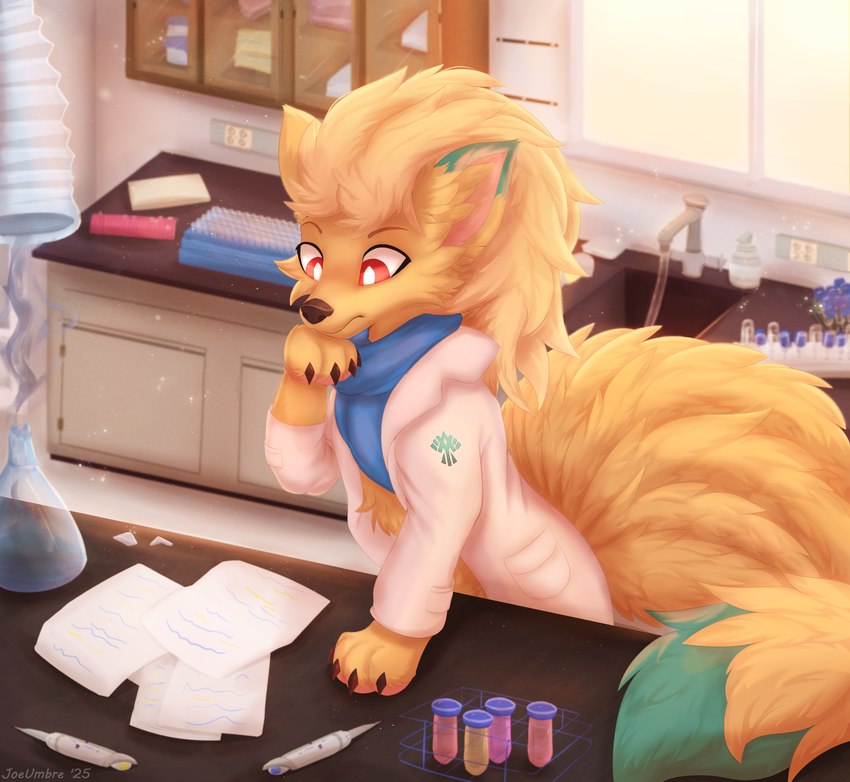 air_vent beaker blue_body blue_fur box brown_eyebrows brown_nose cheek_tuft claws clothing coat container doctor eyebrows facial_tuft feral flask fluffy fluffy_ears fluffy_hair fluffy_tail fur glass green_body green_fur hair lab_coat laboratory laboratory_equipment laboratory_glassware long_hair male orange_body orange_fur paper pawpads paws pens pupils red_eyes scarf science scientific_experiment scientific_instrument scientist sink smoke solo stern_look symbol tail thinking topwear tuft vent white_pupils white_sclera window writing_on_paper yellow_body yellow_fur joeumbre nintendo pokemon zane_(hekrah) canid canine generation_1_pokemon mammal ninetales pokemon_(species) absurd_res hi_res