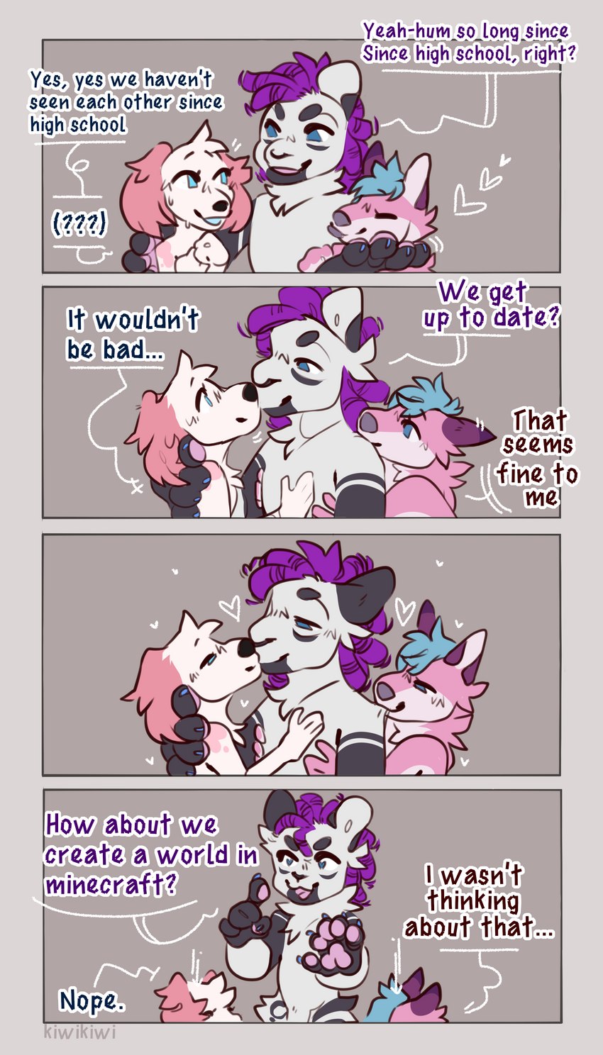 anthro bisexual bite blue_eyes dialogue female fur group hair kissing male male/female male/male match pink_body pink_fur purple_hair simple_background smile tentacles text trio kiwikiwi555 fruit_(character) kelmor_(kelmor_daem) rowie_(character) canid canine canis domestic_dog felid lion mammal pantherine wolf 4:7 absurd_res comic english_text hi_res