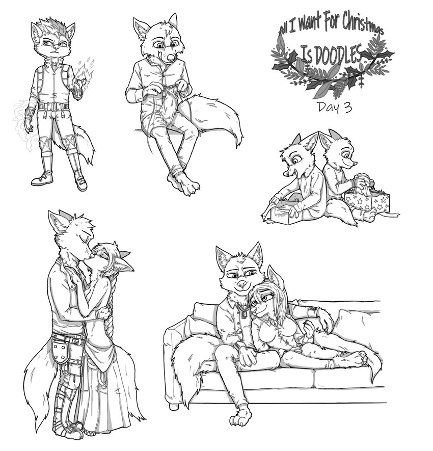 anthro cuddling duo female fire furniture gift holidays hug ice kissing knitting male sofa solo text ziegelzeig bad_guy_cafe christmas abraham_(yamato95) andrea_fynfaell_(smneff) fice_(firefox) heleina_(marcusweiss) kino_(kinothefox) marcus_weiss_(marcusweiss) riven_(kinothefox) ryan_(kinothefox) canid canine canis fox jackal mammal 2022 english_text hi_res monochrome