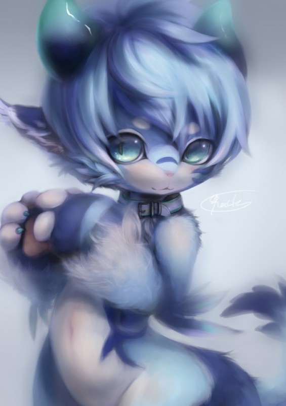 anthro blue_body blue_eyes blue_fur claws collar fur horn kemono looking_at_viewer navel pawpads smile solo rady-wolf mythology rufen domestic_cat dragon felid feline felis mammal mythological_creature mythological_scalie scalie hi_res