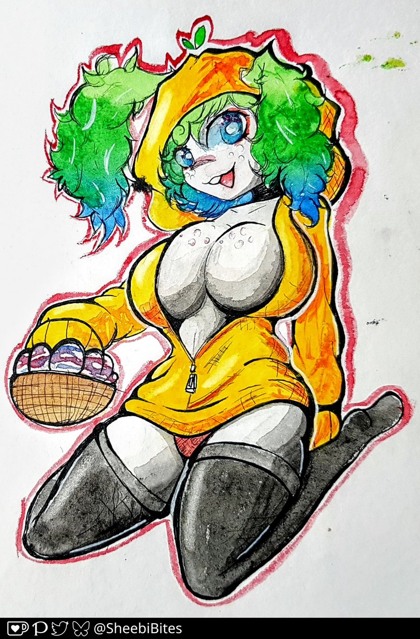 basket big_breasts breasts buckteeth bunny_hoodie cleavage clothed clothing container egg egg_basket female fluffy fluffy_ear fluffy_tail freckled_breasts freckles green_hair hair horizontal_pupils looking_at_viewer panties pupils smile smiling_at_viewer tail teal_eyes teal_hair teeth thick_thighs underwear unzipped_jacket unzipped_jumpsuit zipper zipper_down zipper_pull_tab zipper_topwear sheebibites sheebi animal_humanoid bovid bovid_humanoid caprine caprine_humanoid humanoid lagomorph lagomorph_humanoid leporid leporid_humanoid mammal mammal_humanoid rabbit rabbit_humanoid sheep sheep_humanoid absurd_res hi_res traditional_media_(artwork)