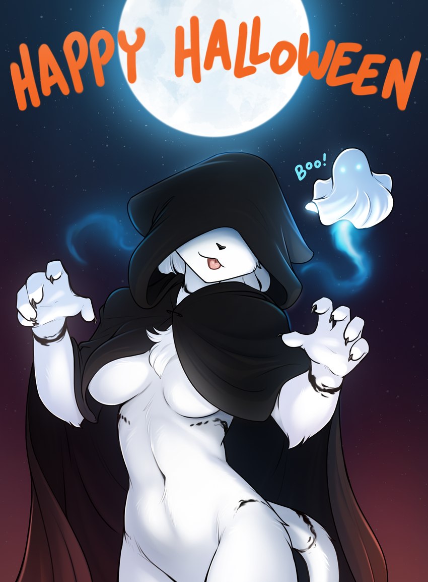 anthro arm_tuft bedsheet_ghost blep blue_eyes breasts casual_exposure chest_tuft claws cloak cloak_only clothing convenient_censorship detailed_background elbow_tuft featureless_breasts female finger_claws fur fur_markings ghost_costume glowing glowing_eyes hair holidays hood hood_over_eyes markings moon mostly_nude navel night obscured_eyes solo star text tongue tongue_out tuft under_boob white_body white_fur conditional_dnp tom_fischbach halloween twokinds willow_wisp felid feline keidran lion mammal pantherine spirit will-o'-the-wisp 2023 adobe_photoshop_(artwork) colored digital_media_(artwork) english_text hi_res