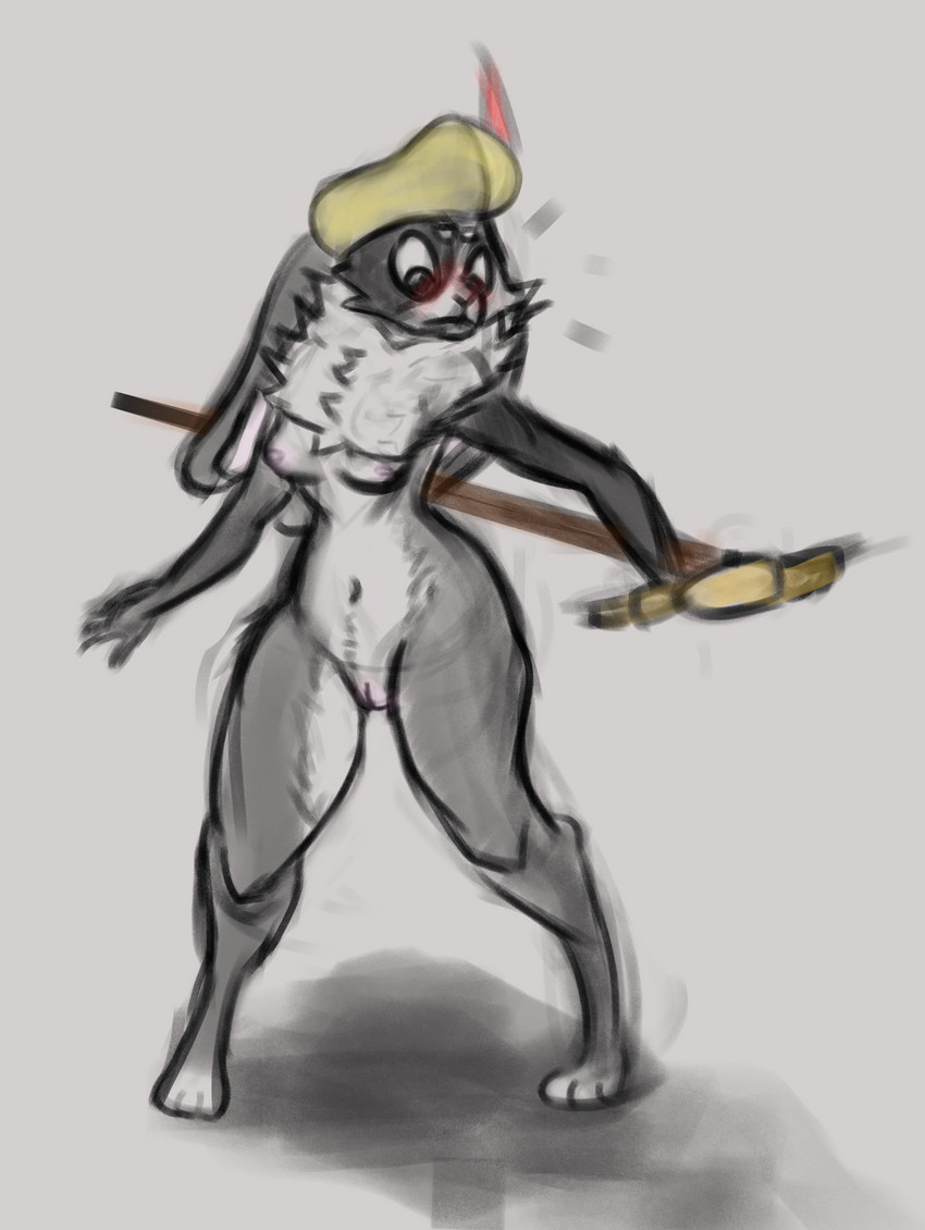 anthro blush breasts clothing dewlap_(anatomy) embarrassed female fur genitals graphometer grey_body grey_fur hat hat_only headgear headgear_only headwear headwear_only mostly_nude mottled mottled_body mottled_fur navel neck_tuft nipples piebald piebald_body piebald_fur pussy solo tuft anonymous_artist unknown_artist armello league_of_geeks elyssia_(armello) lagomorph leporid mammal rabbit absurd_res hi_res