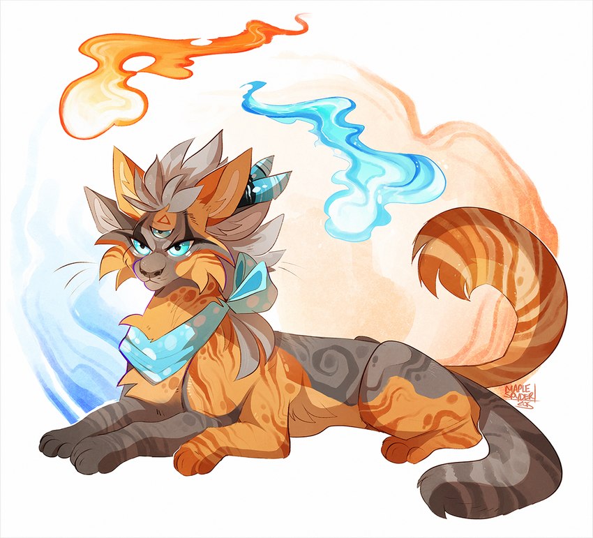 2_tails 3_eyes 4_ears 6_legs ambiguous_gender blue_eyes blue_kerchief blue_neckerchief digitigrade feather_accessory feral feral_with_hair fire forehead_eye frown fur fusion grey_body grey_fur grey_hair grey_nose hair kerchief lying multi_ear multi_eye multi_tail narrowed_eyes neckerchief neckwear on_front orange_body orange_fur paws snout solo tail whiskers maplespyder finch_(finchwing) maple_(maplespyder) domestic_cat felid feline felis mammal will-o'-the-wisp 2015 digital_drawing_(artwork) digital_media_(artwork) shaded