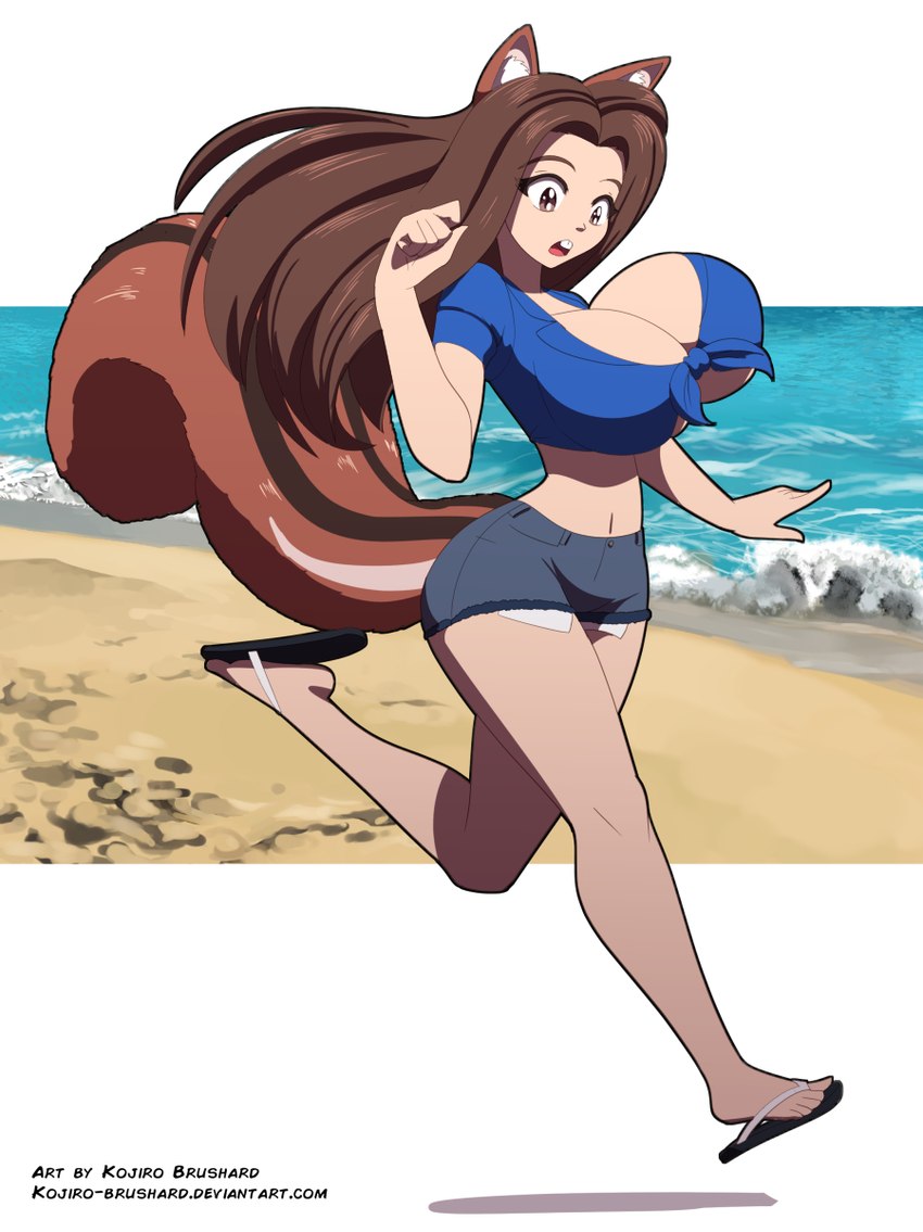 beach big_breasts bottomwear bouncing_breasts breasts brown_eyes brown_hair buckteeth cleavage clothed clothing crop_top female footwear hair long_hair running sandals seaside shirt shoes shorts solo squirrel_tail teeth text topwear kojiro-brushard malkai_(malkaiwot) animal_humanoid humanoid mammal mammal_humanoid rodent rodent_humanoid sciurid sciurid_humanoid tree_squirrel_humanoid 2018 hi_res url