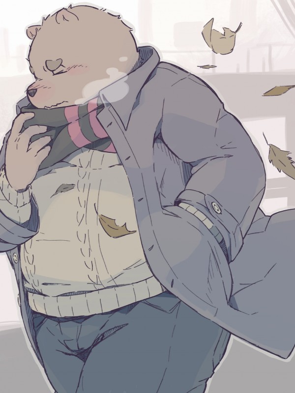 anthro blush bottomwear clothing eyes_closed humanoid_hands leaf male outside overweight overweight_anthro overweight_male pants scarf shirt solo topwear dv-ch bear mammal 2019 hi_res