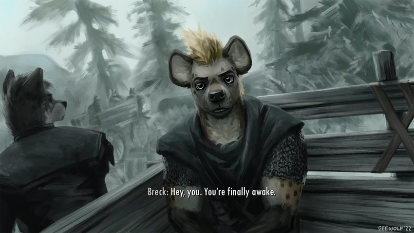 anthro black_nose brown_body brown_fur carriage clothed clothing detailed_background dialogue duo fantasy first_person_view fur futura_condensed_(font) hair humor looking_at_viewer male male_anthro outside sitting text topwear geewolf bethesda_game_studios microsoft skyrim the_elder_scrolls toddroll ralof_(skyrim) canid canine hyena mammal spotted_hyena 16:9 2022 english_text hi_res meme signature widescreen