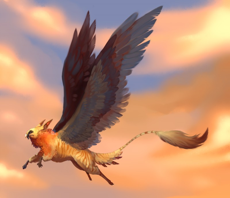 ambiguous_gender claws cloud feathered_wings feathers feral flying fur grey_body grey_feathers orange_body orange_feathers orange_stripes outside red_sclera solo stripes white_eyes wings yellow_body yellow_fur commander_ledi mythology avian gryphon mythological_avian mythological_creature absurd_res hi_res