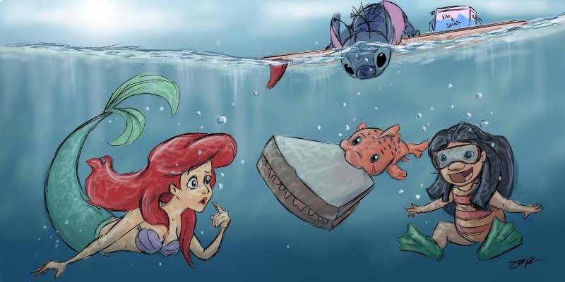 ariel, lilo pelekai, pudge the fish, and stitch (the little mermaid (1989) and etc) created by neko robinson