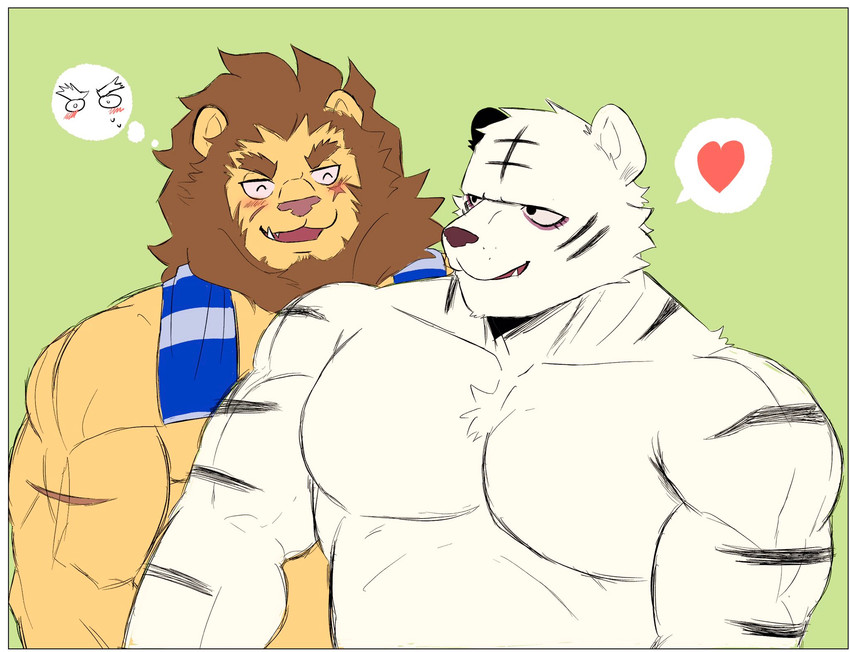 anthro blush brown_mane chest_tuft clothed clothing duo facial_scar fur green_background heart_symbol male male/male mane muscular muscular_anthro muscular_male pecs pink_nose scar simple_background striped_body striped_fur stripes tan_body tan_fur topless towel tuft white_body white_fur x_scar pkylblu animal_crossing nintendo elvis_(animal_crossing) rolf_(animal_crossing) felid lion mammal pantherine tiger 2020 hi_res